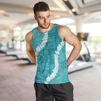 Hawaii Aloha Men Tank Top Teal Quilt Patch Work Mix Plumeria Lei