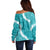 Hawaii Aloha Off Shoulder Sweater Teal Quilt Patch Work Mix Plumeria Lei