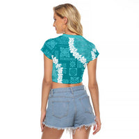 Hawaii Aloha Raglan Cropped T Shirt Teal Quilt Patch Work Mix Plumeria Lei