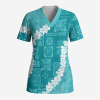 Hawaii Aloha Scrub Top Teal Quilt Patch Work Mix Plumeria Lei - Polynesian Pride