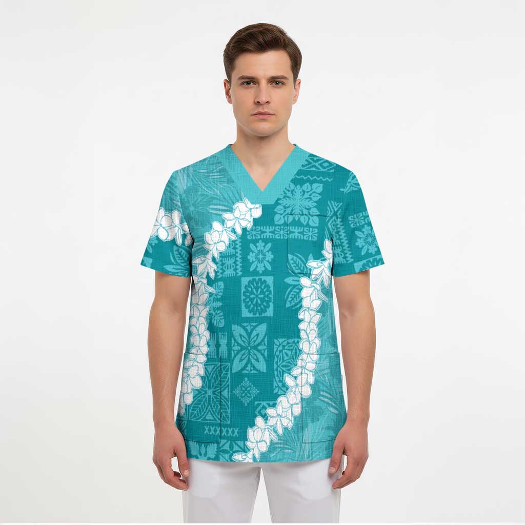 Hawaii Aloha Scrub Top Teal Quilt Patch Work Mix Plumeria Lei - Polynesian Pride