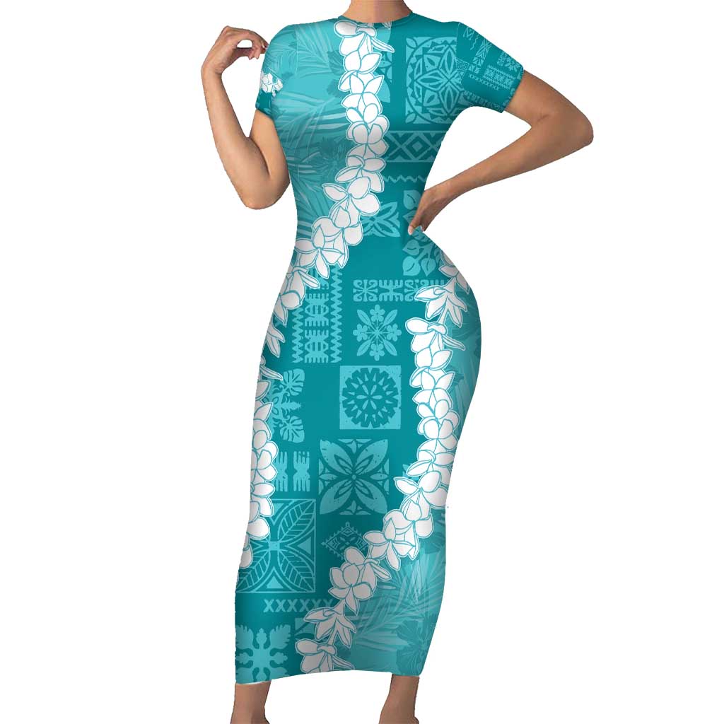 Hawaii Aloha Short Sleeve Bodycon Dress Teal Quilt Patch Work Mix Plumeria Lei