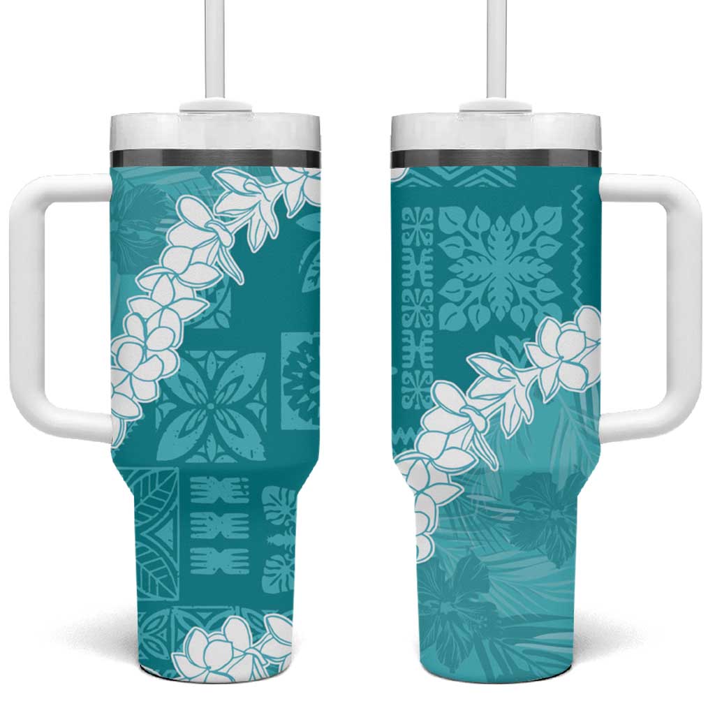 Hawaii Aloha Tumbler With Handle Teal Quilt Patch Work Mix Plumeria Lei