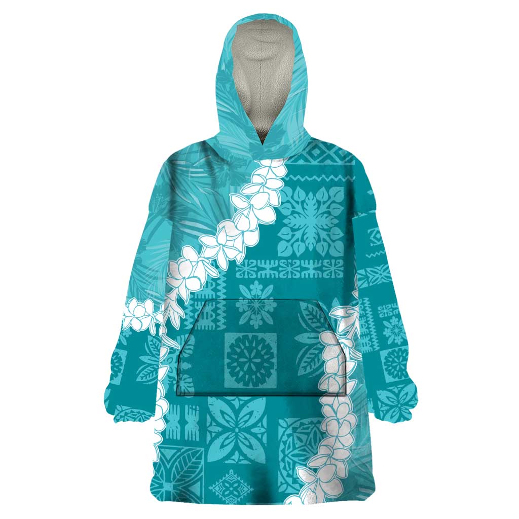 Hawaii Aloha Wearable Blanket Hoodie Teal Quilt Patch Work Mix Plumeria Lei