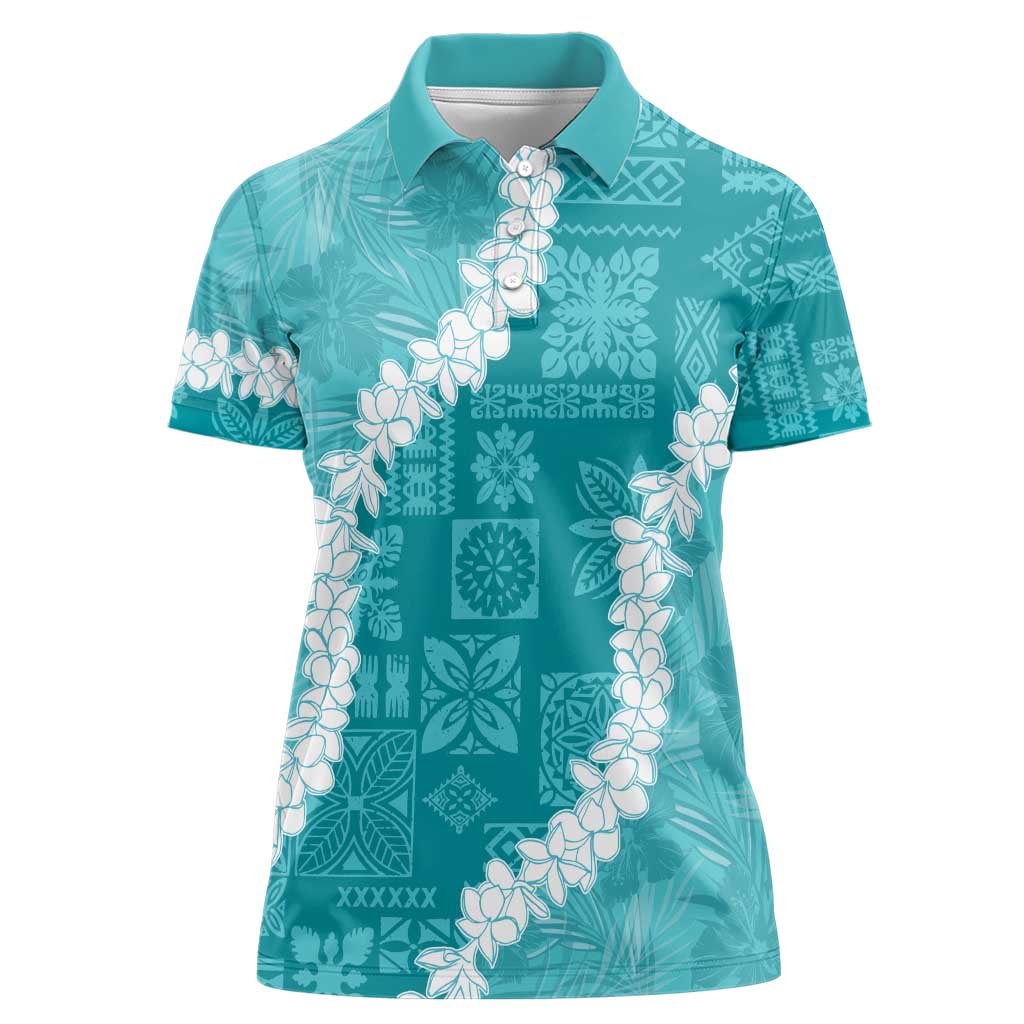 Hawaii Aloha Women Polo Shirt Teal Quilt Patch Work Mix Plumeria Lei