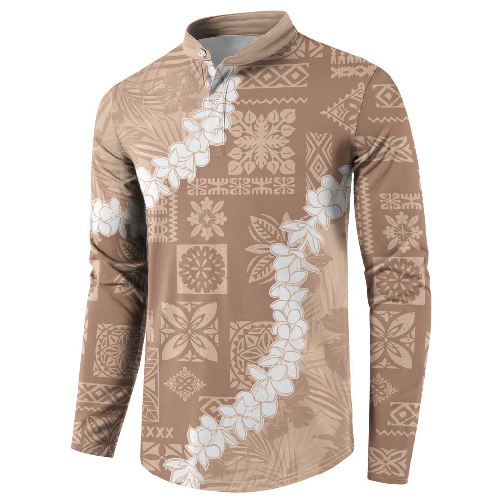 Hawaii Aloha Button Sweatshirt Beige Quilt Patch Work Mix Plumeria Lei