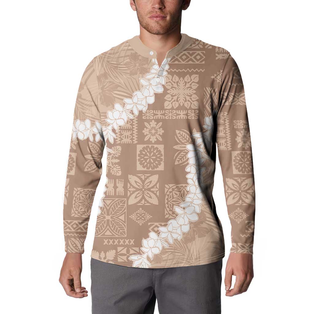 Hawaii Aloha Button Sweatshirt Beige Quilt Patch Work Mix Plumeria Lei