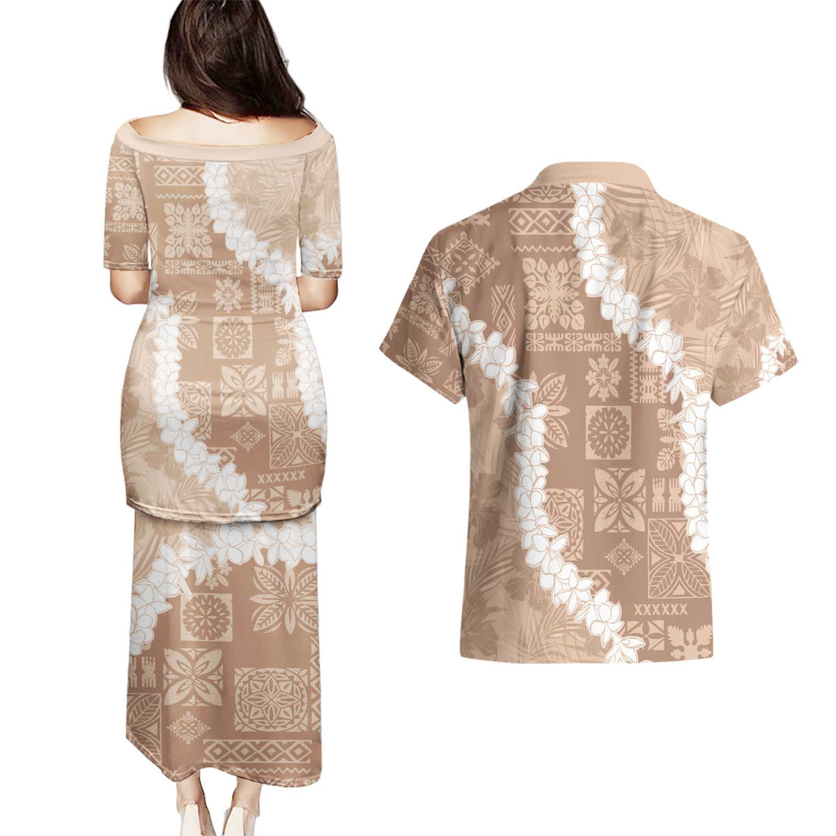 Hawaii Aloha Couples Matching Puletasi and Hawaiian Shirt Beige Quilt Patch Work Mix Plumeria Lei