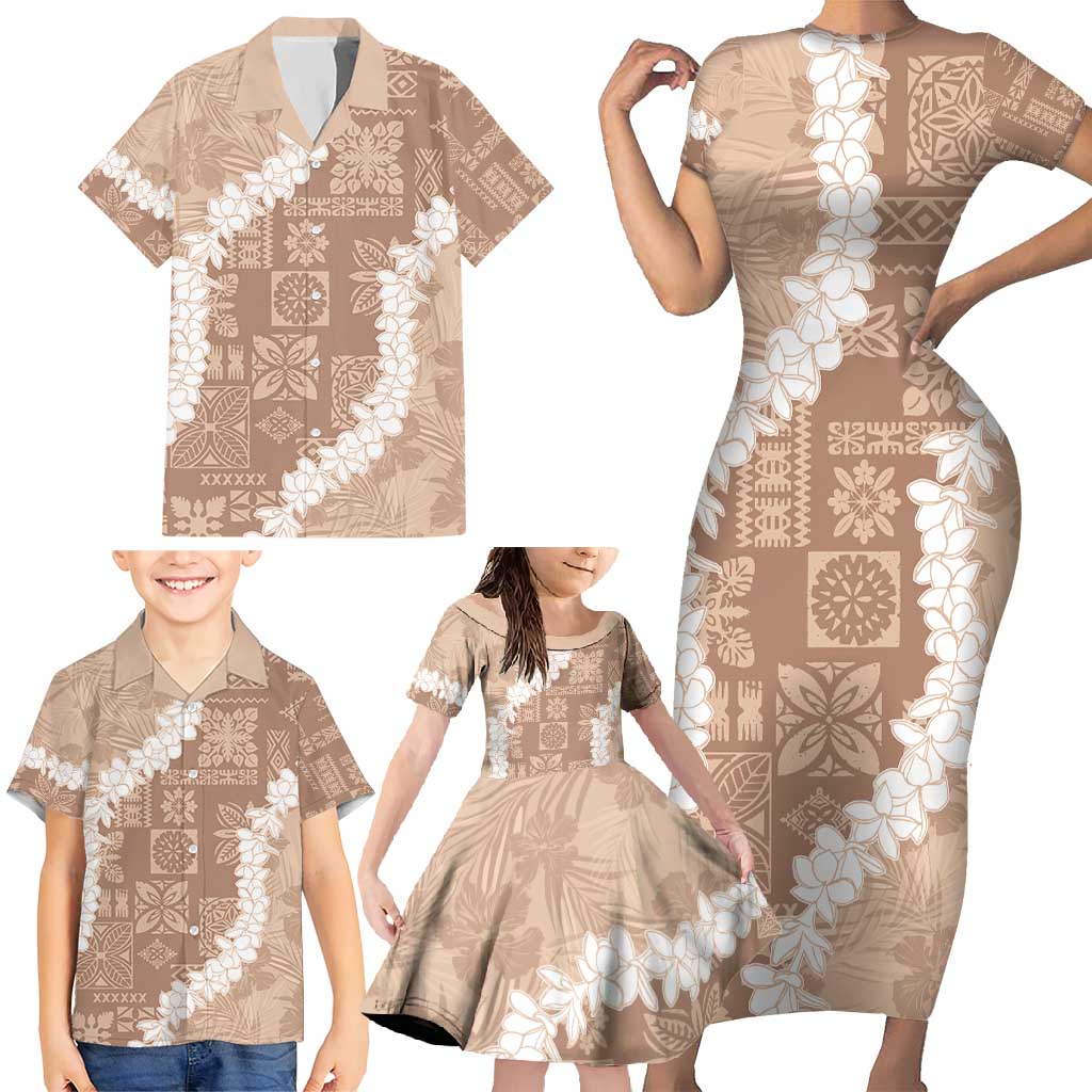 Hawaii Aloha Family Matching Short Sleeve Bodycon Dress and Hawaiian Shirt Beige Quilt Patch Work Mix Plumeria Lei