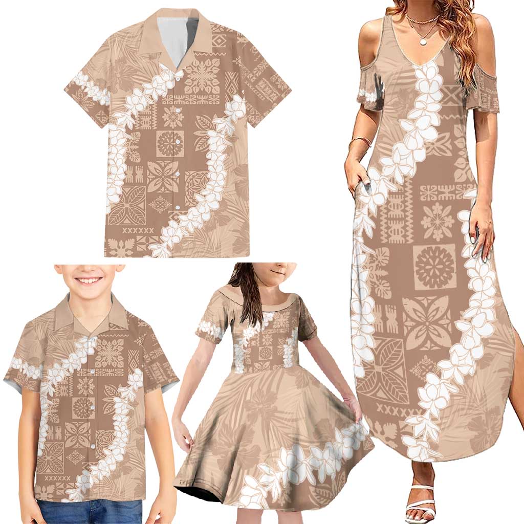 Hawaii Aloha Family Matching Summer Maxi Dress and Hawaiian Shirt Beige Quilt Patch Work Mix Plumeria Lei