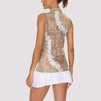 Hawaii Aloha Women Sleeveless Polo Shirt Beige Quilt Patch Work Mix Plumeria Lei