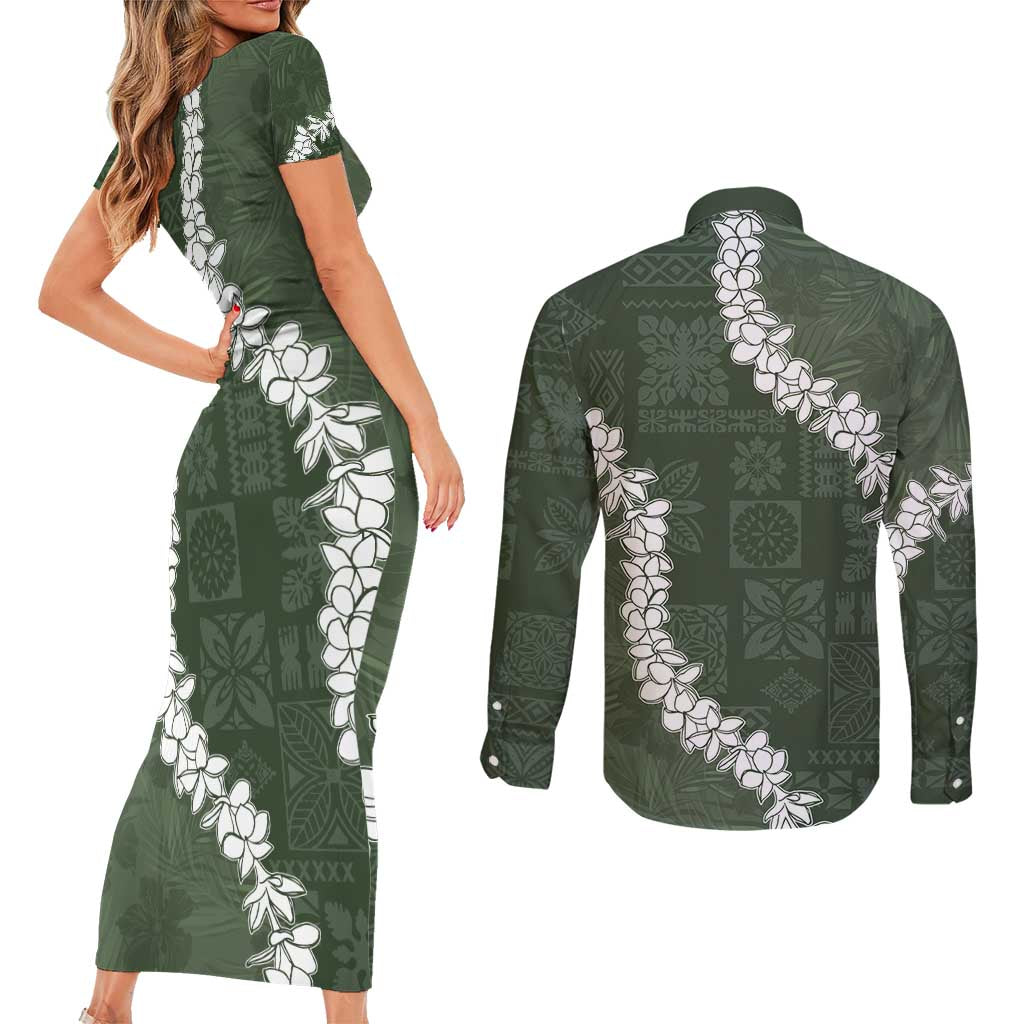 Hawaii Aloha Couples Matching Short Sleeve Bodycon Dress and Long Sleeve Button Shirt Sage Quilt Patch Work Mix Plumeria Lei