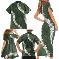 Hawaii Aloha Family Matching Short Sleeve Bodycon Dress and Hawaiian Shirt Sage Quilt Patch Work Mix Plumeria Lei