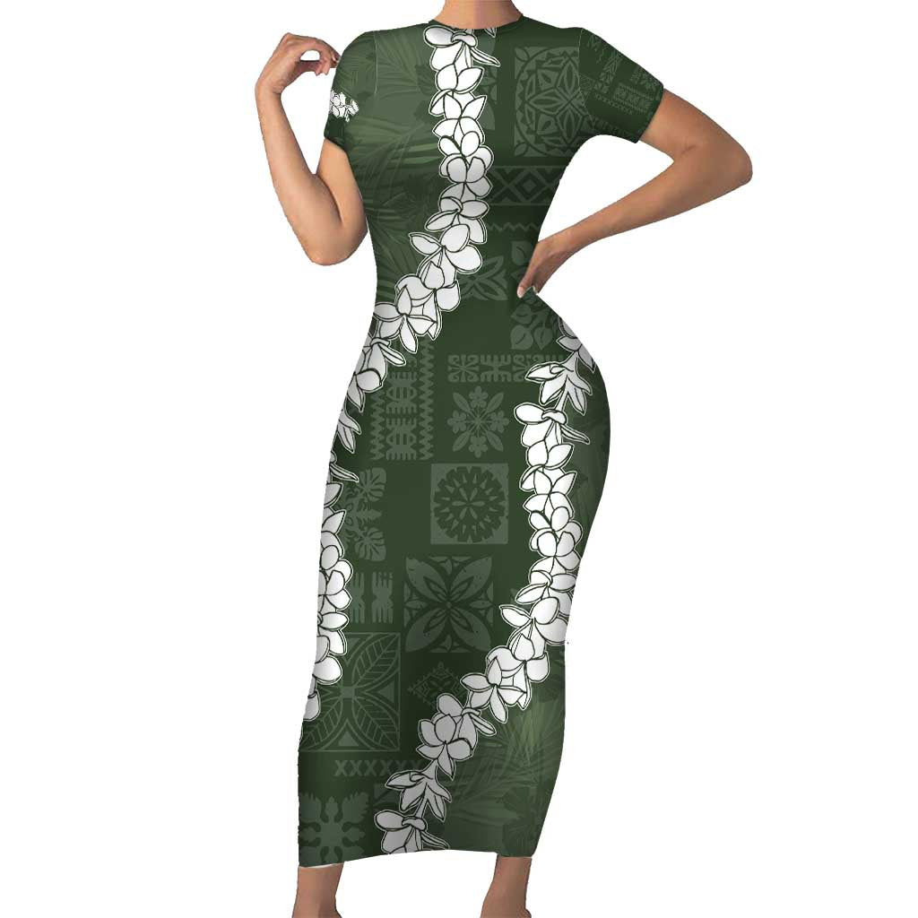 Hawaii Aloha Family Matching Short Sleeve Bodycon Dress and Hawaiian Shirt Sage Quilt Patch Work Mix Plumeria Lei