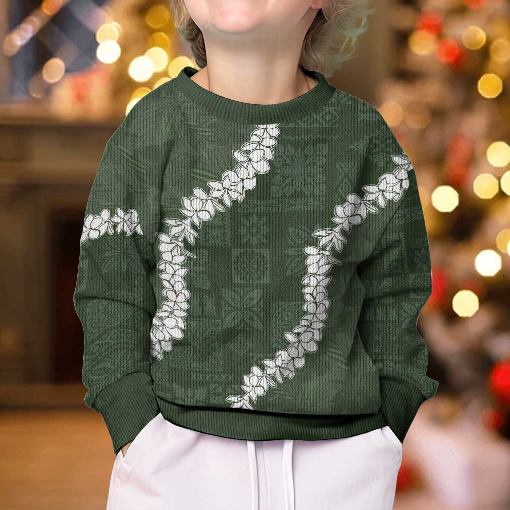 Hawaii Aloha Kid Ugly Christmas Sweater Sage Quilt Patch Work Mix Plumeria Lei