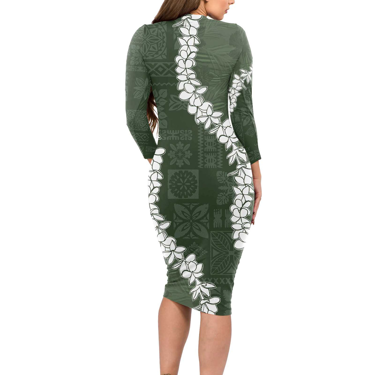 Hawaii Aloha Long Sleeve Bodycon Dress Sage Quilt Patch Work Mix Plumeria Lei