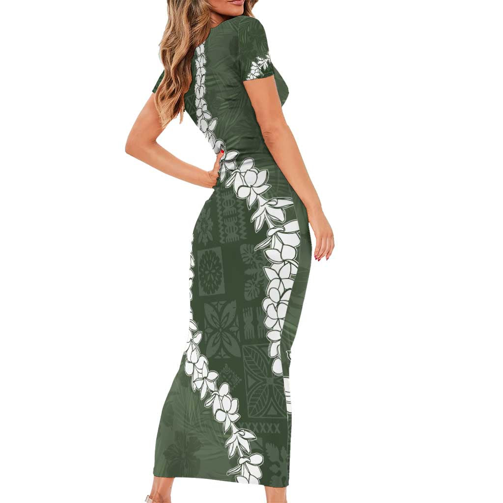 Hawaii Aloha Short Sleeve Bodycon Dress Sage Quilt Patch Work Mix Plumeria Lei