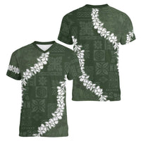 Hawaii Aloha Women V-Neck T-Shirt Sage Quilt Patch Work Mix Plumeria Lei