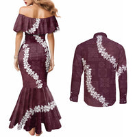 Hawaii Aloha Couples Matching Mermaid Dress and Long Sleeve Button Shirt Champange Quilt Patch Work Mix Plumeria Lei