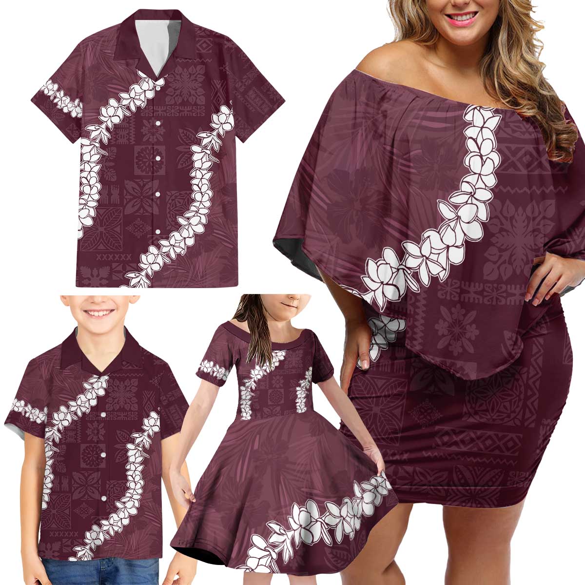 Hawaii Aloha Family Matching Off Shoulder Short Dress and Hawaiian Shirt Champange Quilt Patch Work Mix Plumeria Lei