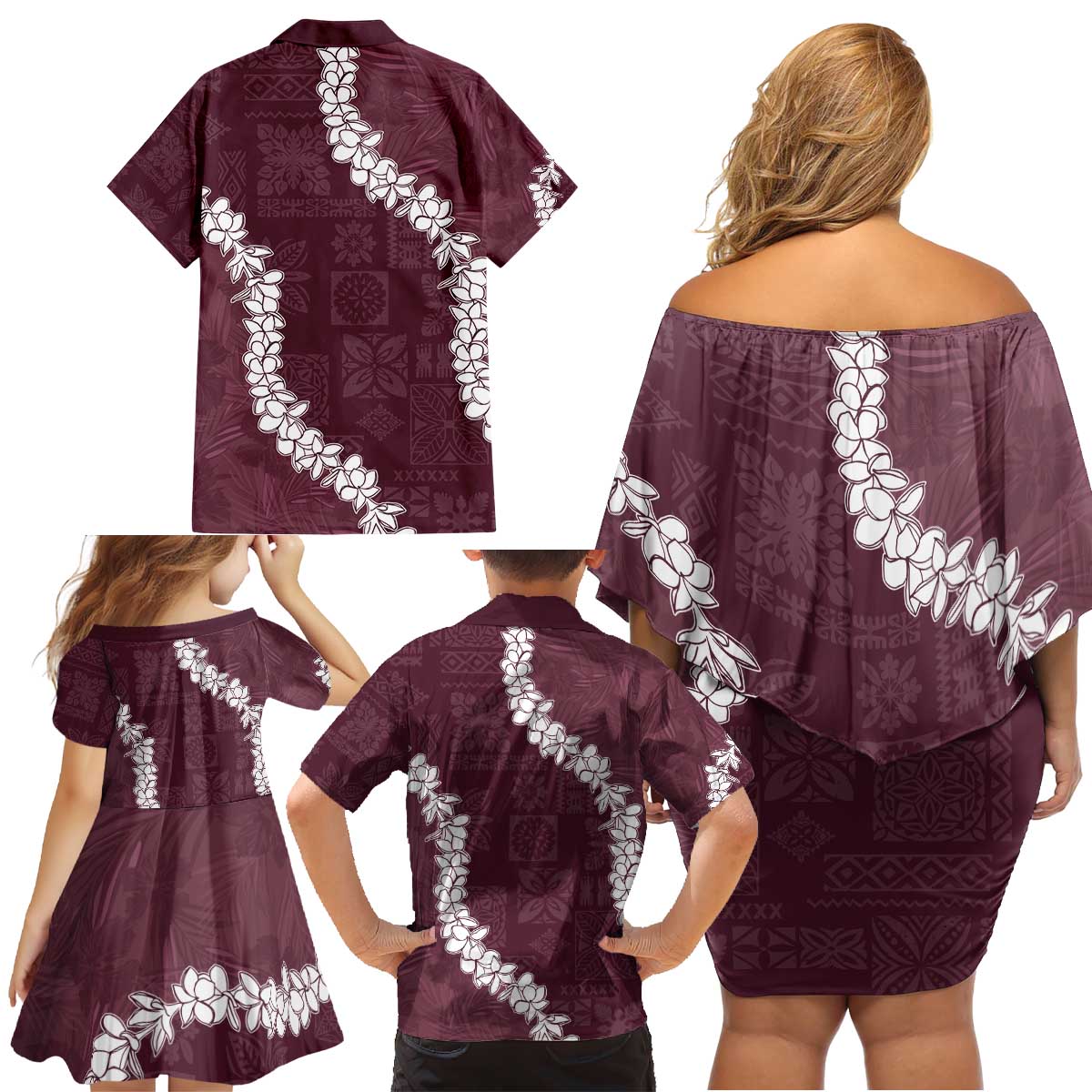 Hawaii Aloha Family Matching Off Shoulder Short Dress and Hawaiian Shirt Champange Quilt Patch Work Mix Plumeria Lei