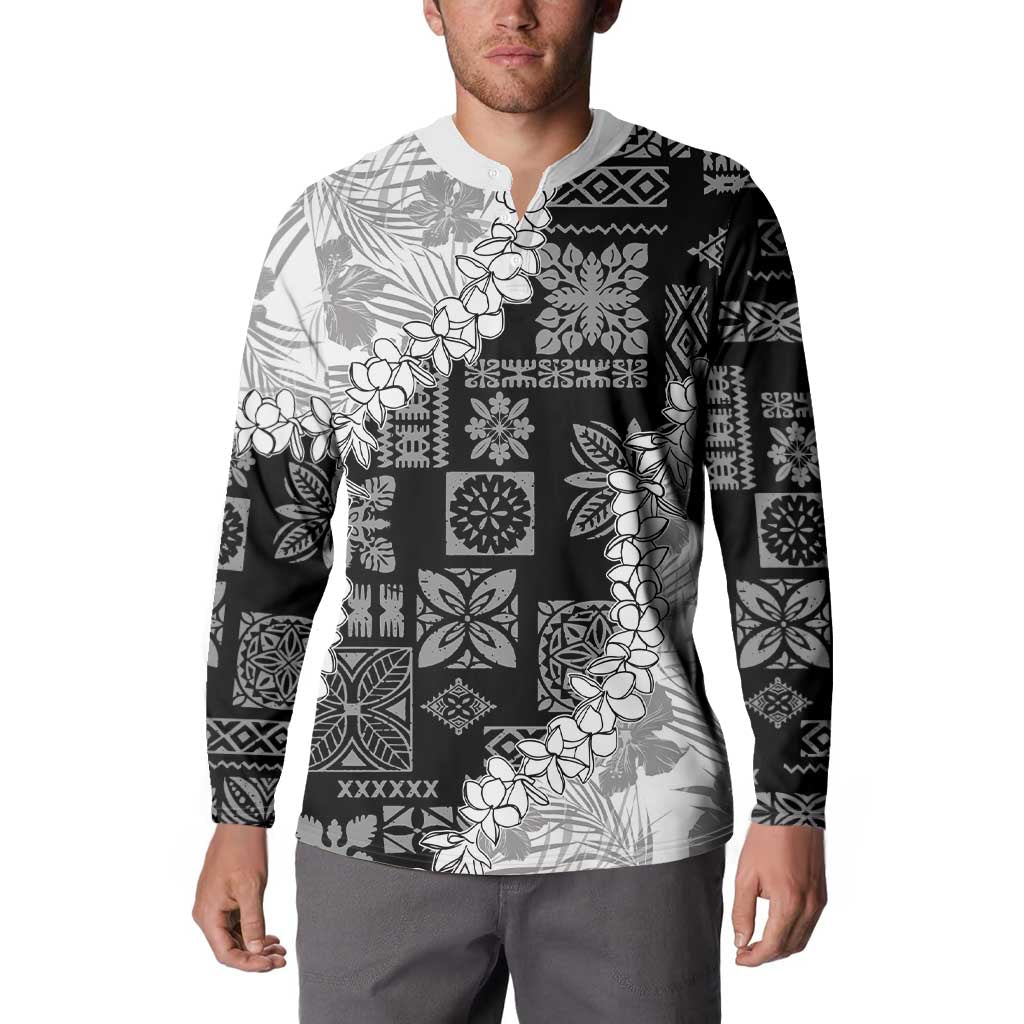 Hawaii Aloha Button Sweatshirt White Quilt Patch Work Mix Plumeria Lei