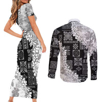 Hawaii Aloha Couples Matching Short Sleeve Bodycon Dress and Long Sleeve Button Shirt White Quilt Patch Work Mix Plumeria Lei