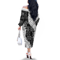 Hawaii Aloha Family Matching Off The Shoulder Long Sleeve Dress and Hawaiian Shirt White Quilt Patch Work Mix Plumeria Lei