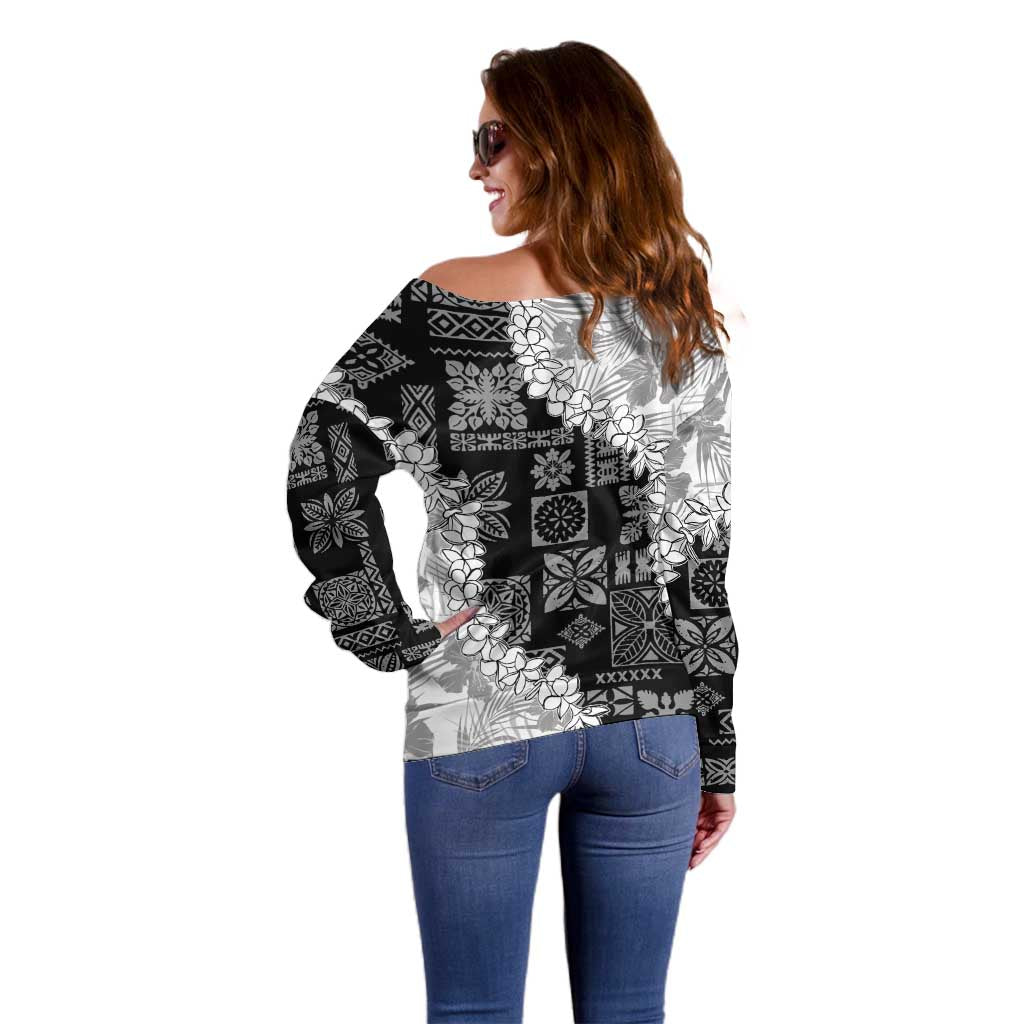 Hawaii Aloha Off Shoulder Sweater White Quilt Patch Work Mix Plumeria Lei