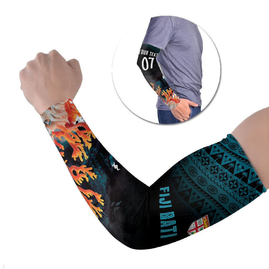 Fiji Bati Rugby Custom Viti Masi Arm Sleeves Coral Motifs LT7 Set of 2 Black Turquoise - Polynesian Pride
