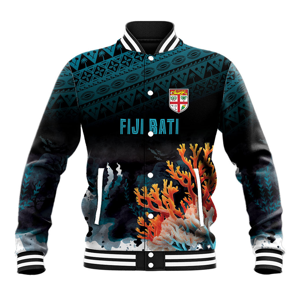 Fiji Bati Rugby Custom Viti Masi Baseball Jacket Coral Motifs LT7 Unisex Black Turquoise - Polynesian Pride