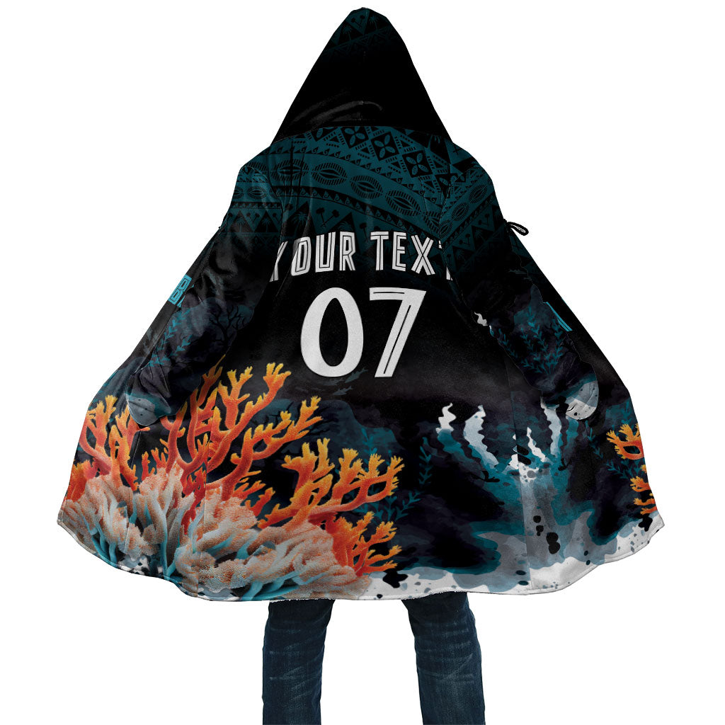 Fiji Bati Rugby Custom Viti Masi Cloak Coral Motifs LT7 Unisex Black Turquoise - Polynesian Pride