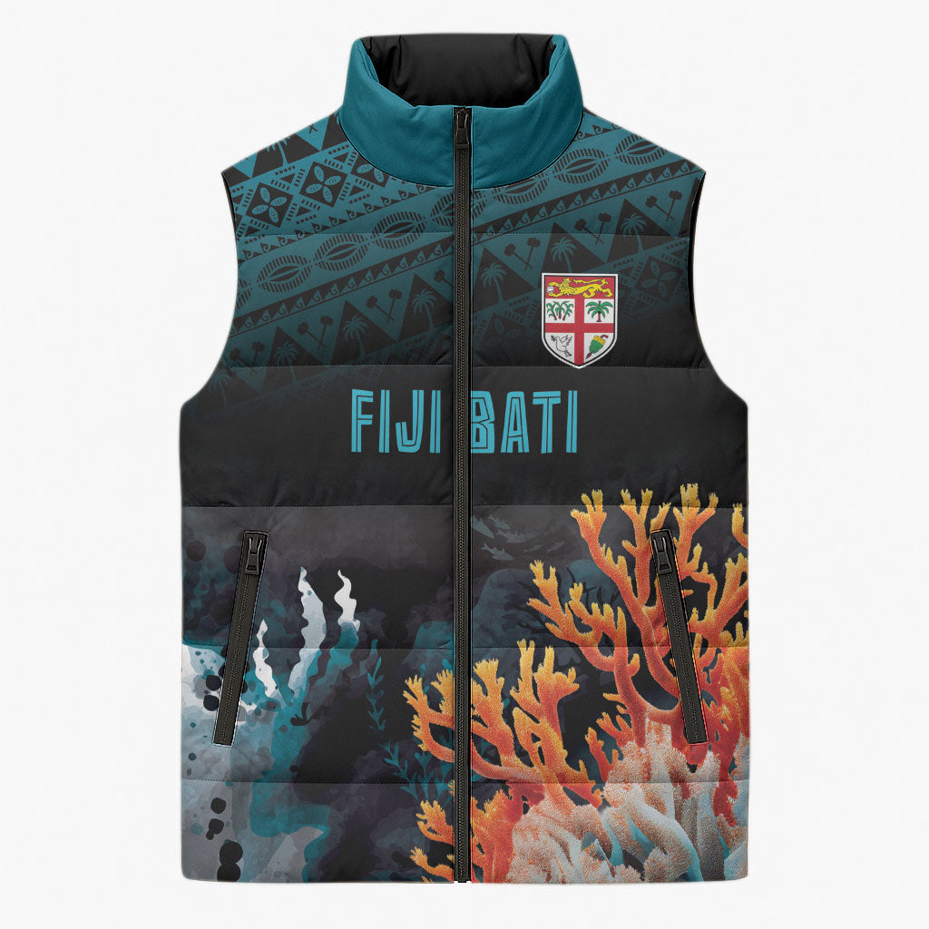 Fiji Bati Rugby Custom Viti Masi Sleeveless Puffer Jacket Coral Motifs LT7 Unisex Black Turquoise - Polynesian Pride