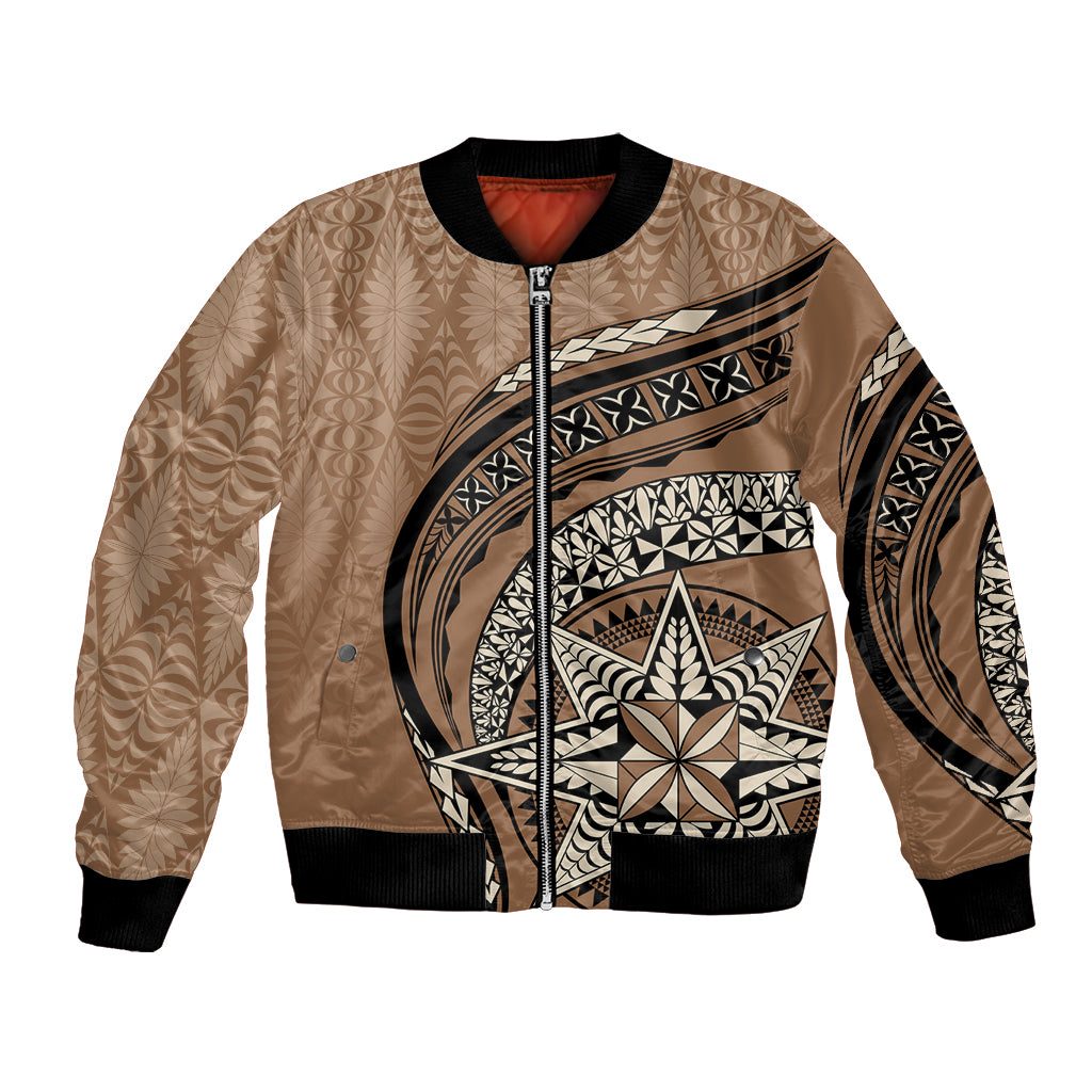 Tonga Ngatu Bomber Jacket Tokelau Classic Motifs LT7 Unisex Brown - Polynesian Pride