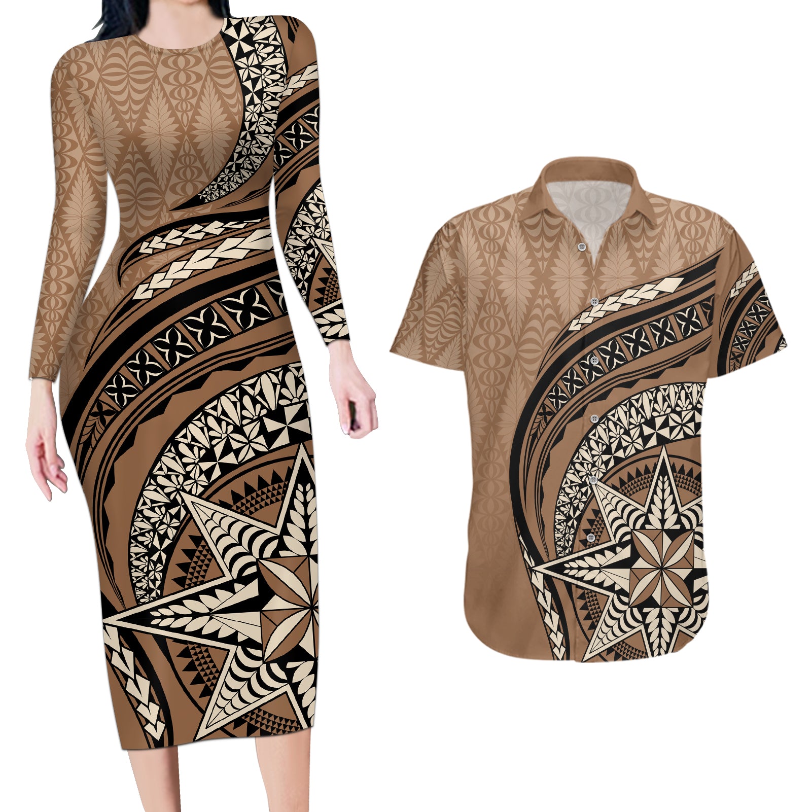 Tonga Ngatu Couples Matching Long Sleeve Bodycon Dress and Hawaiian Shirt Tokelau Classic Motifs LT7 Brown - Polynesian Pride