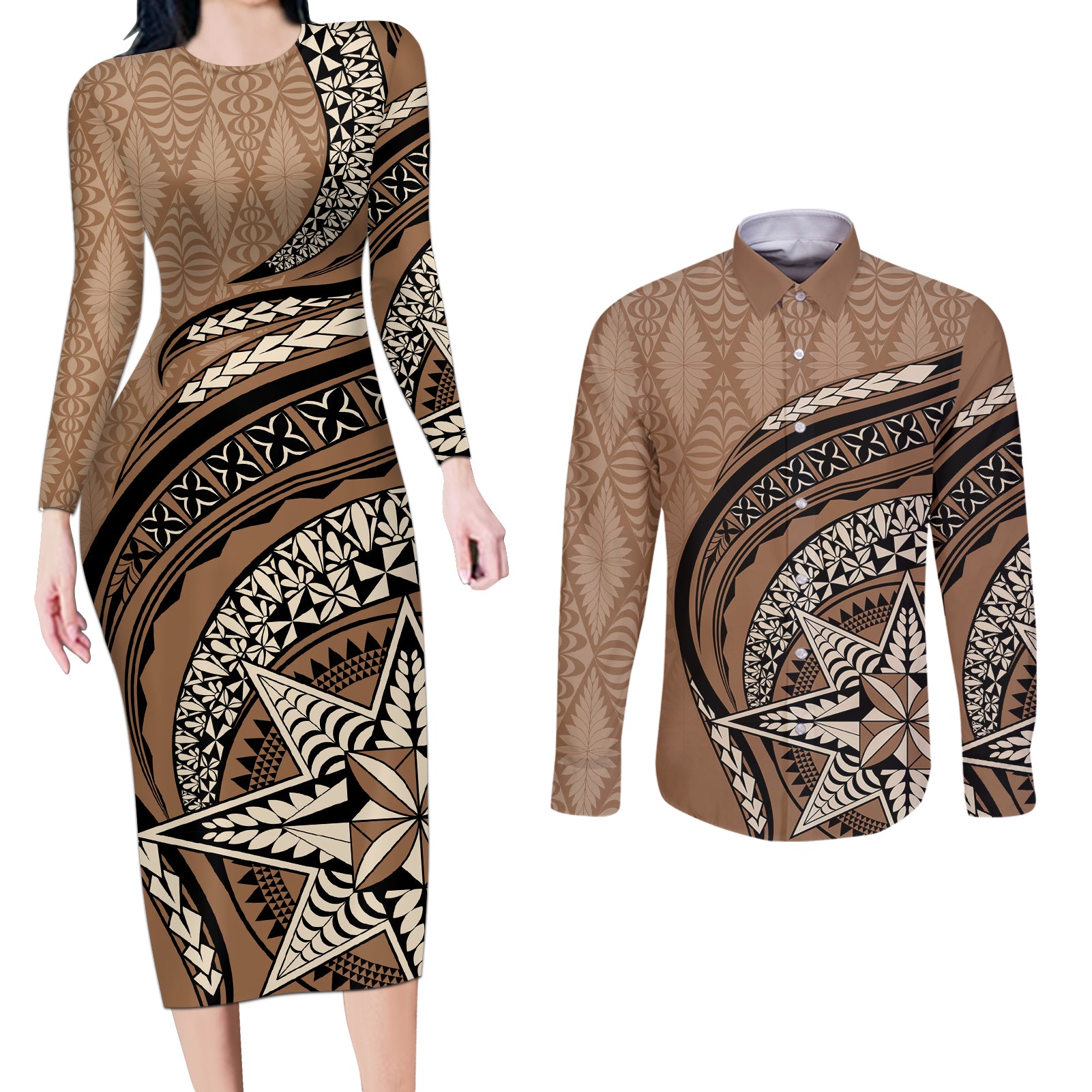 Tonga Ngatu Couples Matching Long Sleeve Bodycon Dress and Long Sleeve Button Shirt Tokelau Classic Motifs LT7 Brown - Polynesian Pride