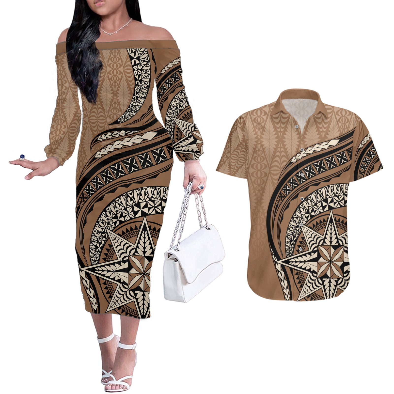 Tonga Ngatu Couples Matching Off The Shoulder Long Sleeve Dress and Hawaiian Shirt Tokelau Classic Motifs LT7 Brown - Polynesian Pride