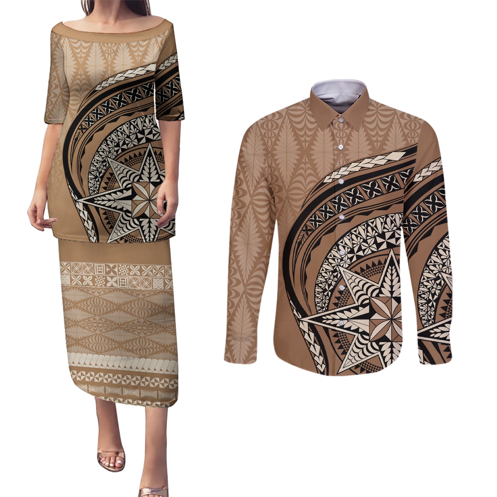 Tonga Ngatu Couples Matching Puletasi Dress and Long Sleeve Button Shirt Tokelau Classic Motifs LT7 Brown - Polynesian Pride