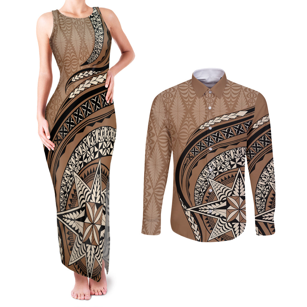 Tonga Ngatu Couples Matching Tank Maxi Dress and Long Sleeve Button Shirt Tokelau Classic Motifs LT7 Brown - Polynesian Pride