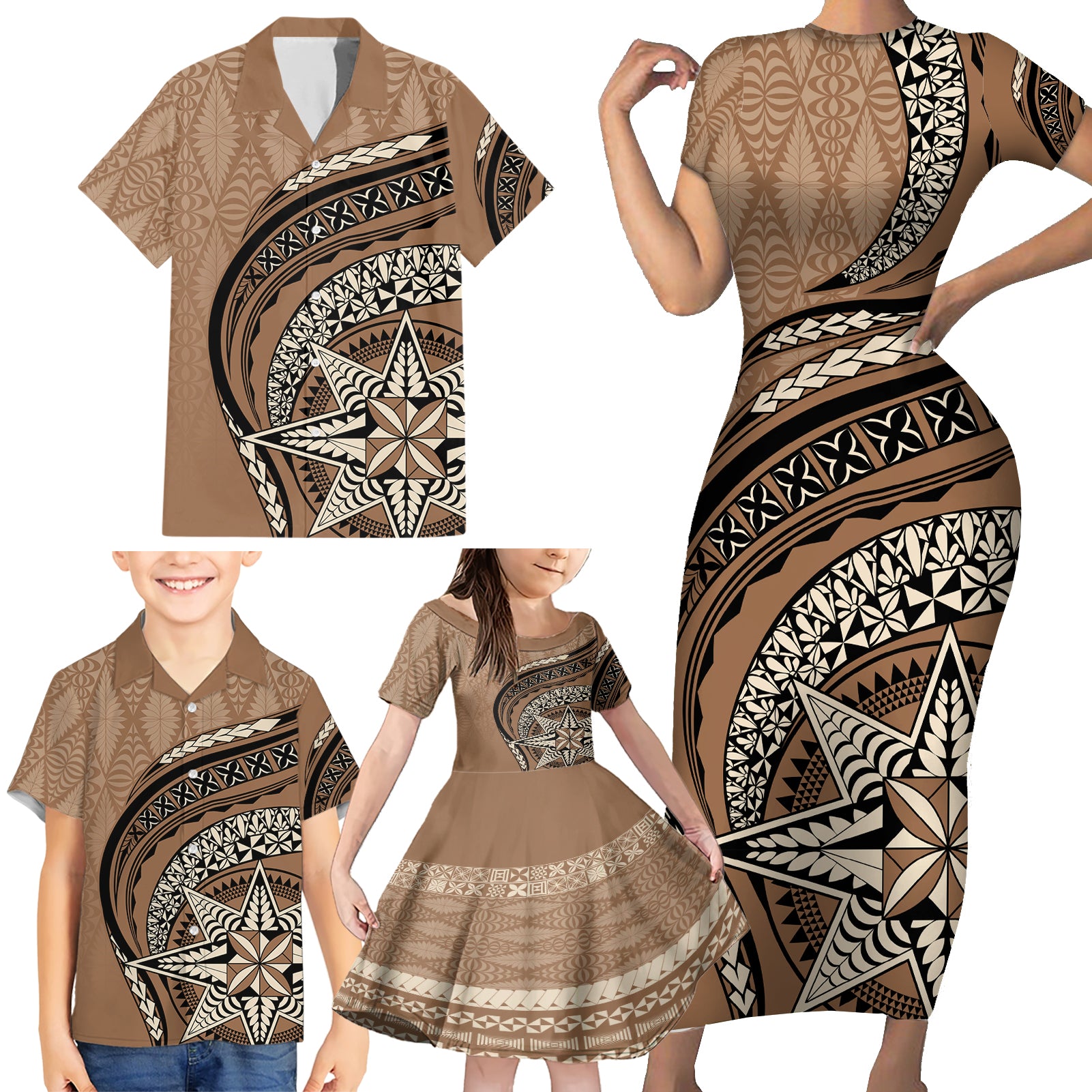 Tonga Ngatu Family Matching Short Sleeve Bodycon Dress and Hawaiian Shirt Tokelau Classic Motifs LT7 - Polynesian Pride