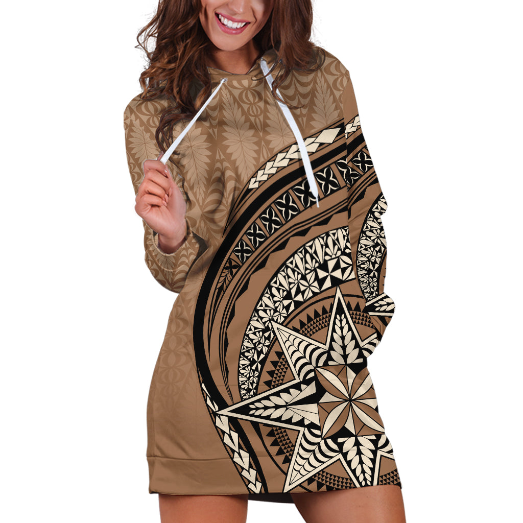 Tonga Ngatu Hoodie Dress Tokelau Classic Motifs LT7 Brown - Polynesian Pride