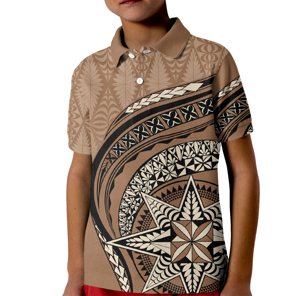 Tonga Ngatu Kid Polo Shirt Tokelau Classic Motifs LT7 Kid Brown - Polynesian Pride