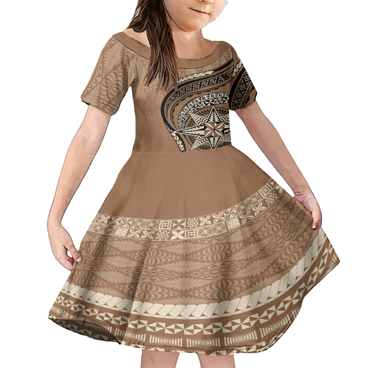 Tonga Ngatu Kid Short Sleeve Dress Tokelau Classic Motifs LT7 KID Brown - Polynesian Pride