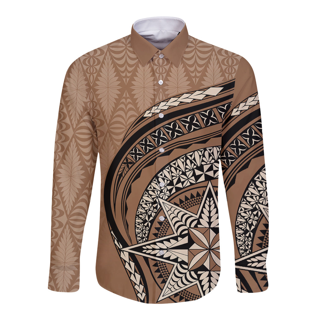 Tonga Ngatu Long Sleeve Button Shirt Tokelau Classic Motifs LT7 Unisex Brown - Polynesian Pride