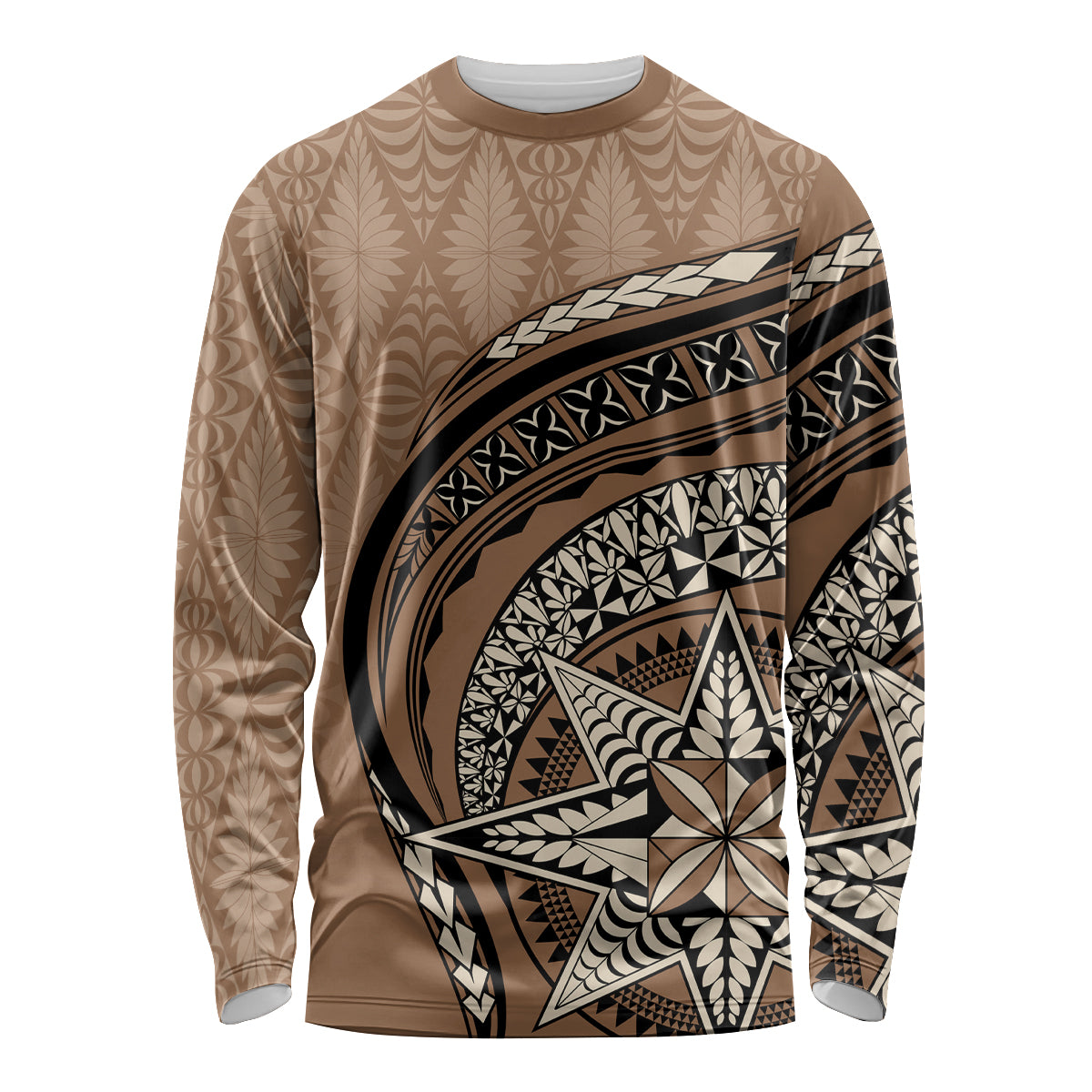 Tonga Ngatu Long Sleeve Shirt Tokelau Classic Motifs LT7 Unisex Brown - Polynesian Pride