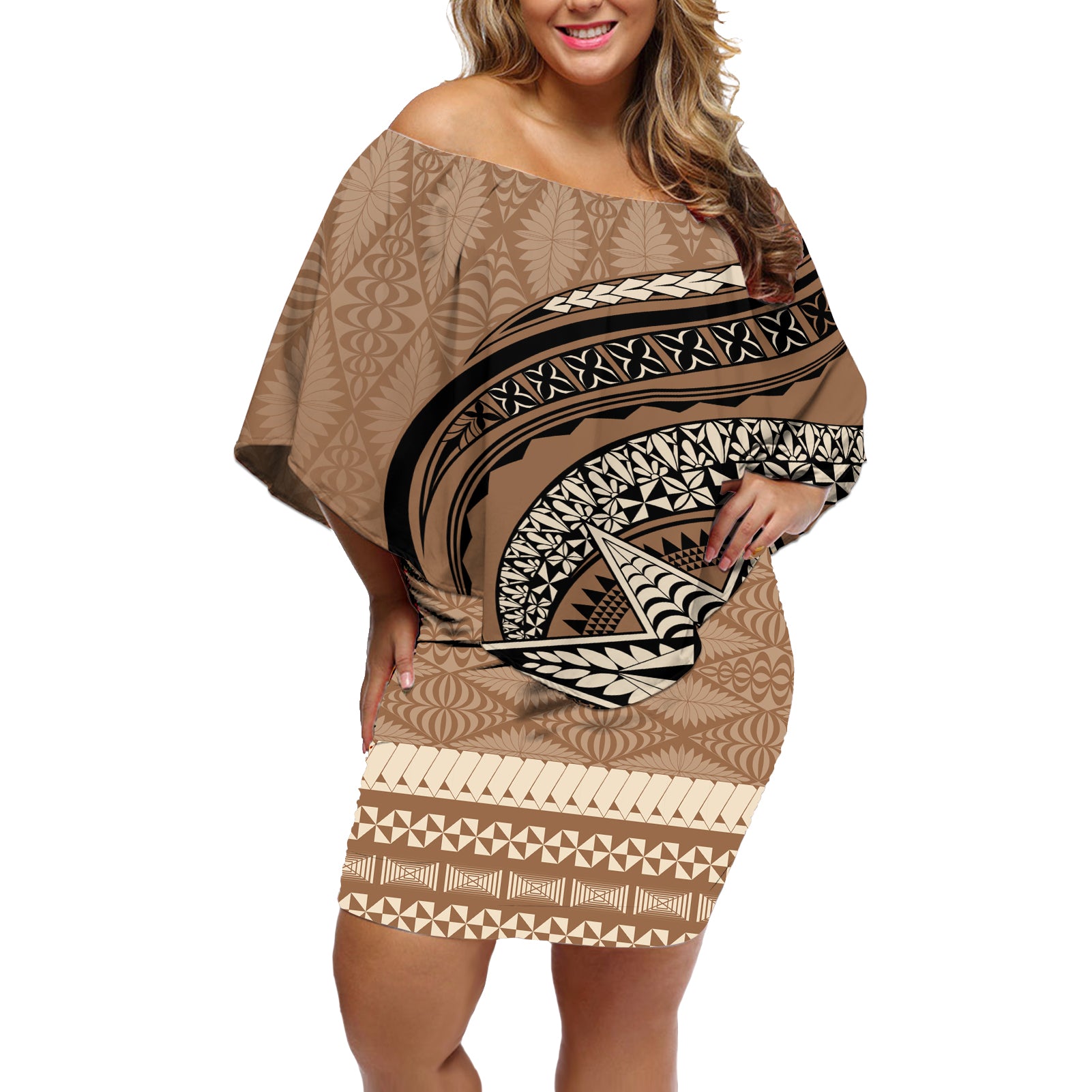 Tonga Ngatu Off Shoulder Short Dress Tokelau Classic Motifs LT7 Women Brown - Polynesian Pride