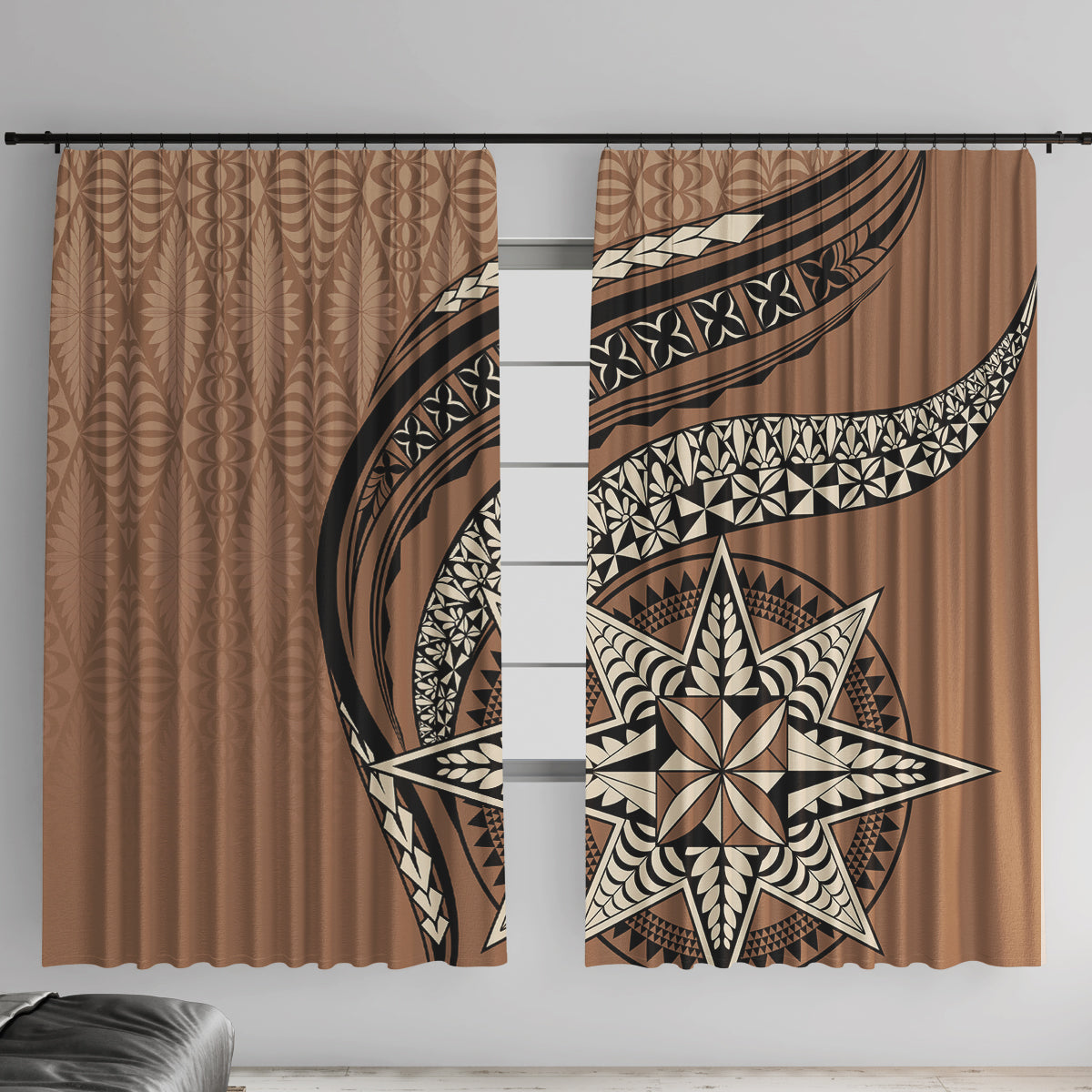 Tonga Ngatu Window Curtain Tokelau Classic Motifs LT7 With Hooks Brown - Polynesian Pride