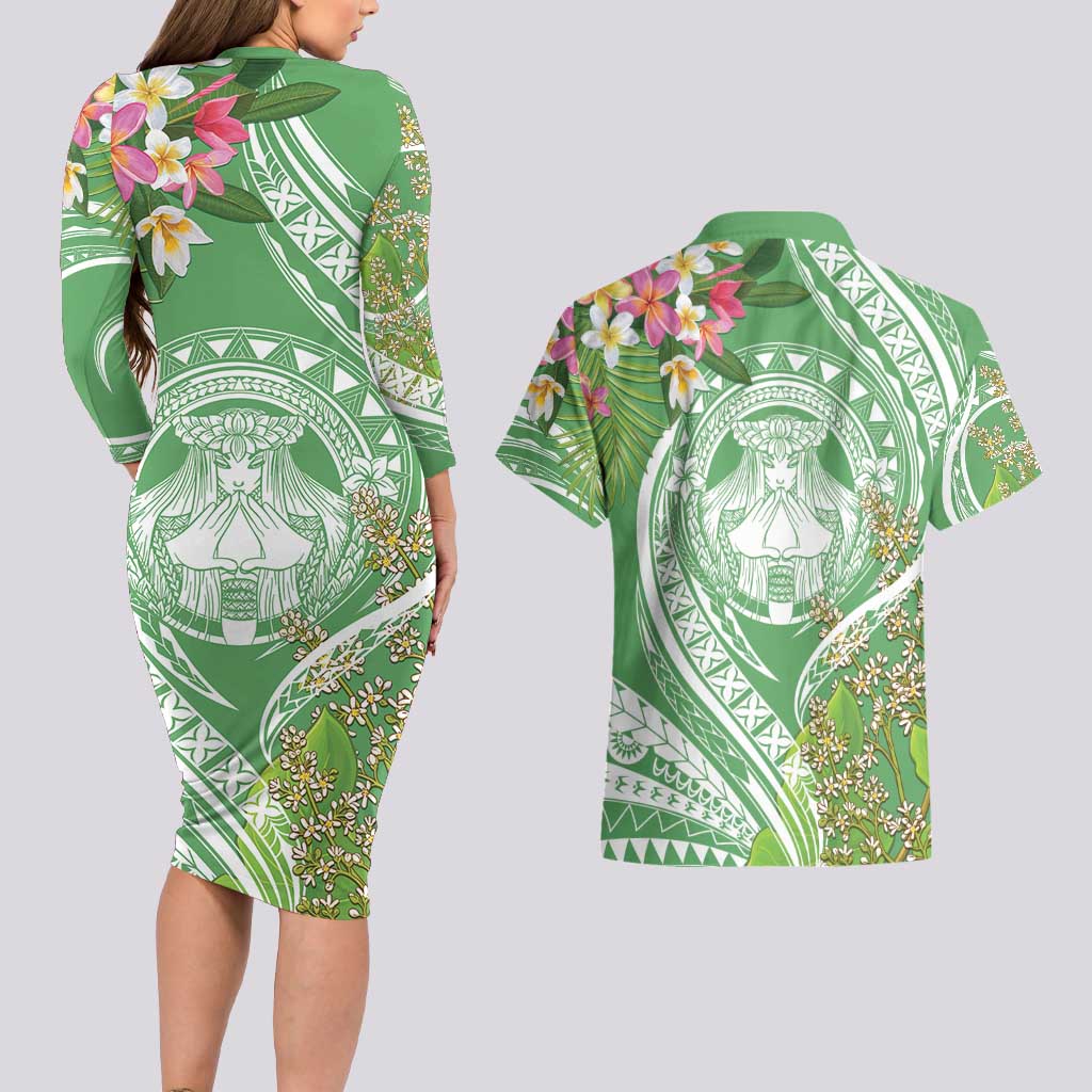 Aloha Molokai Island Couples Matching Long Sleeve Bodycon Dress and Hawaiian Shirt Hawaii Pua Kukui
