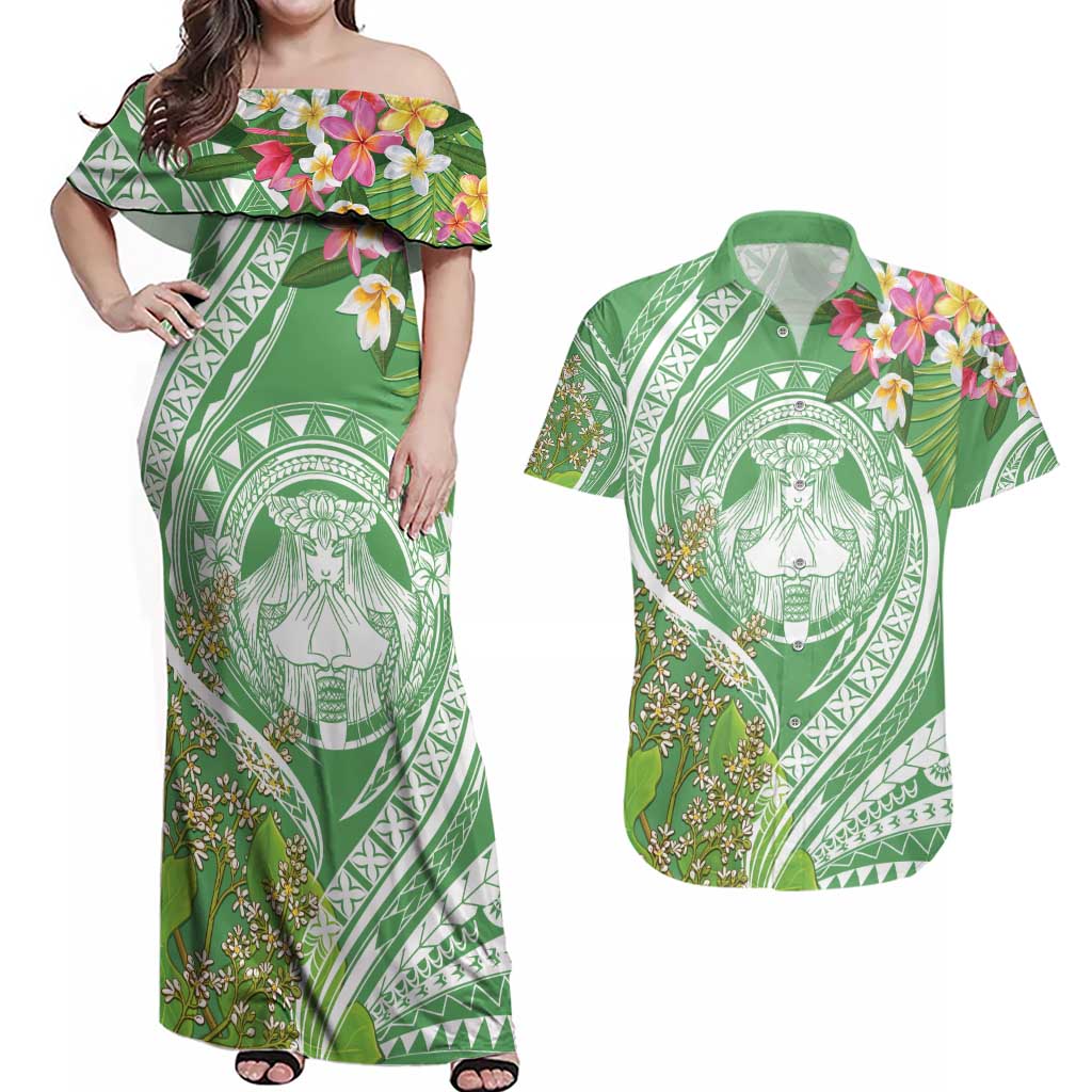 Aloha Molokai Island Couples Matching Off Shoulder Maxi Dress and Hawaiian Shirt Hawaii Pua Kukui