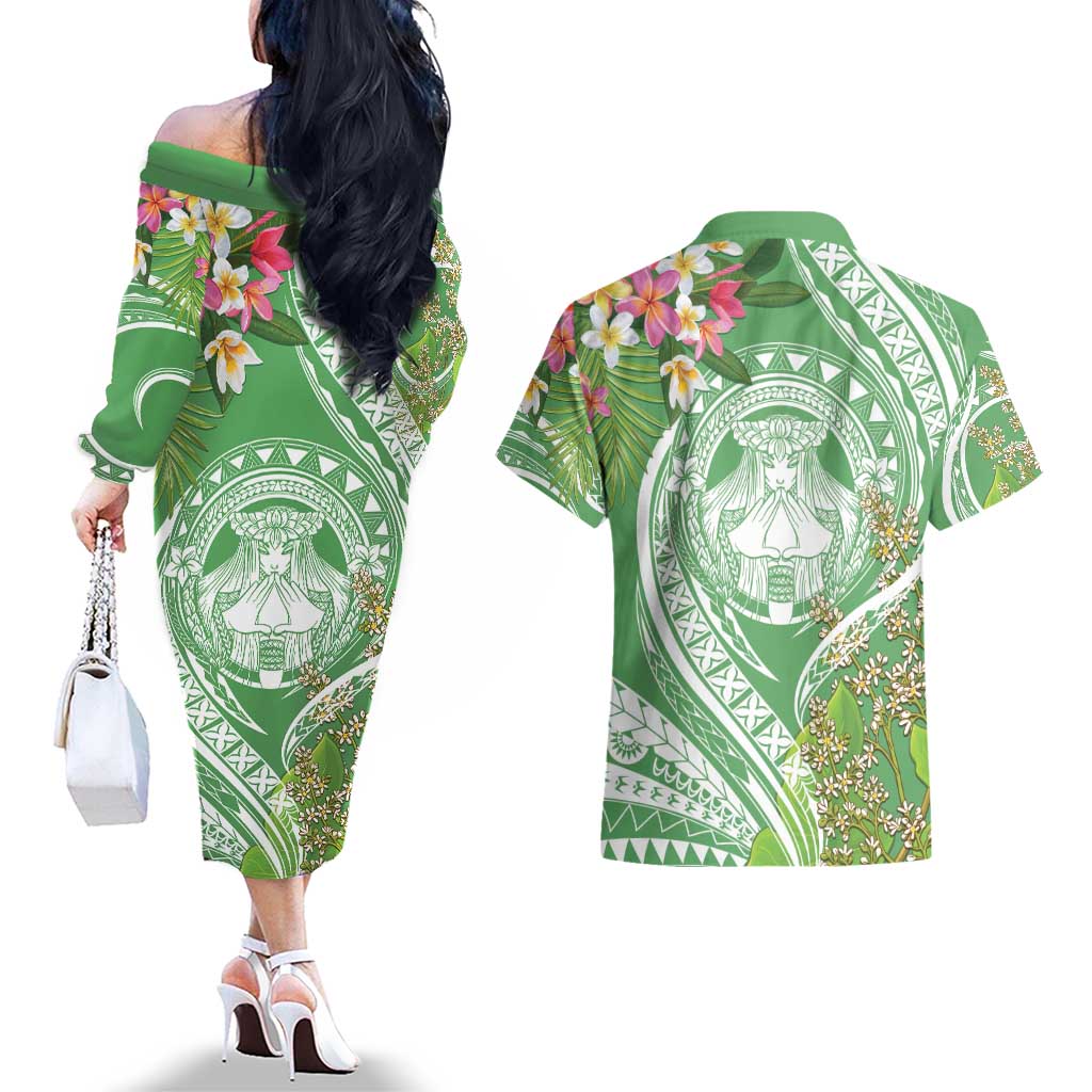 Aloha Molokai Island Couples Matching Off The Shoulder Long Sleeve Dress and Hawaiian Shirt Hawaii Pua Kukui